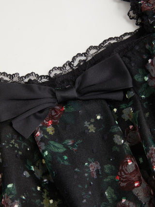 Woven Organza Floral Square Neck Puff Sleeve Bowknot Textured Babydoll Mini Dress For Daily Casual Date
