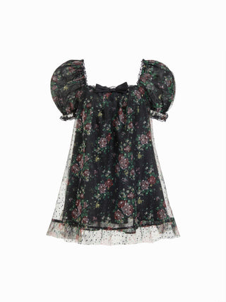 Woven Organza Floral Square Neck Puff Sleeve Bowknot Textured Babydoll Mini Dress For Daily Casual Date