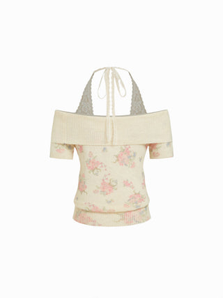 Knit Fabric Knit Wool-blend Floral Off-shoulder Lace Detail Puff Sleeve Top For Daily Casual Date