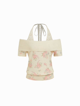 Knit Fabric Knit Wool-blend Floral Off-shoulder Lace Detail Puff Sleeve Top For Daily Casual Date