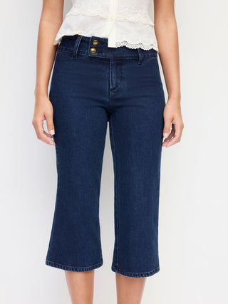 Stretch Denim Washed Mid Rise Metal Detail Flared Capri Jeans