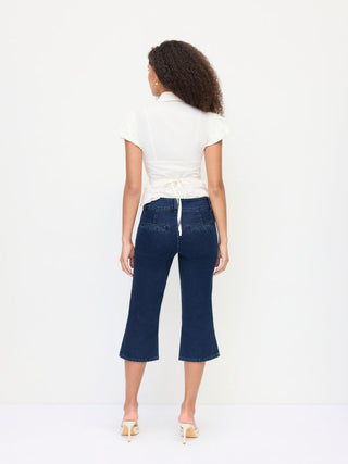 Stretch Denim Washed Mid Rise Metal Detail Flared Capri Jeans