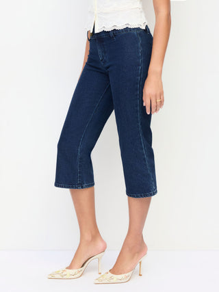 Stretch Denim Washed Mid Rise Metal Detail Flared Capri Jeans