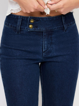 Stretch Denim Washed Mid Rise Metal Detail Flared Capri Jeans