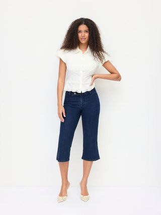 Stretch Denim Washed Mid Rise Metal Detail Flared Capri Jeans
