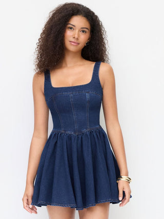 Denim Washed Square Neck Ruffled A-line Mini Dress