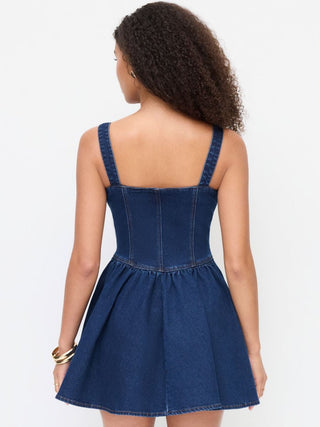 Denim Washed Square Neck Ruffled A-line Mini Dress