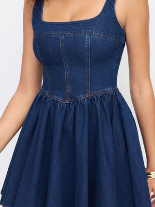 Denim Washed Square Neck Ruffled A-line Mini Dress
