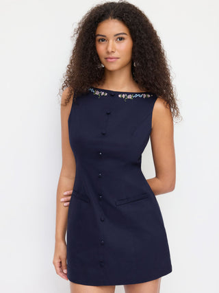Cotton Cotton-blend Floral Boat Neck Embroidery A-line Mini Dress For Daily Casual Date