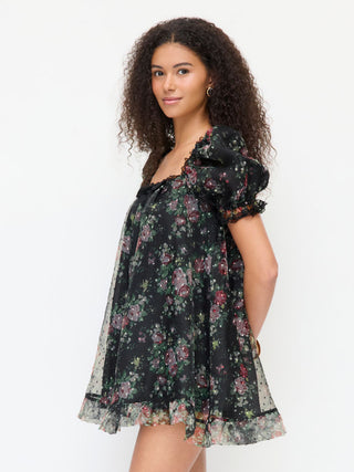 Woven Organza Floral Square Neck Puff Sleeve Bowknot Textured Babydoll Mini Dress For Daily Casual Date