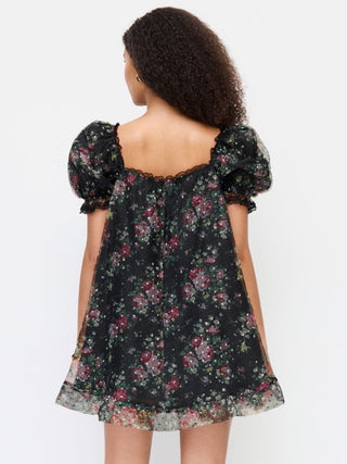 Woven Organza Floral Square Neck Puff Sleeve Bowknot Textured Babydoll Mini Dress For Daily Casual Date