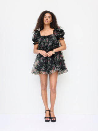 Woven Organza Floral Square Neck Puff Sleeve Bowknot Textured Babydoll Mini Dress For Daily Casual Date