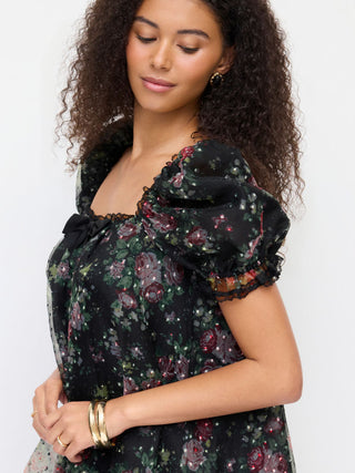 Woven Organza Floral Square Neck Puff Sleeve Bowknot Textured Babydoll Mini Dress For Daily Casual Date