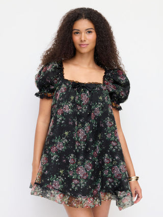Woven Organza Floral Square Neck Puff Sleeve Bowknot Textured Babydoll Mini Dress For Daily Casual Date