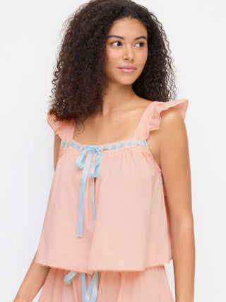 Woven Cotton Square Neck Bowknot Tank & High Rise Shorts Loungewear Set For Home Bedroom