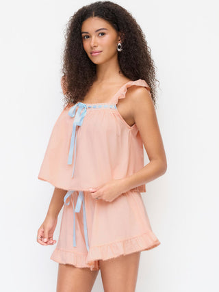 Woven Cotton Square Neck Bowknot Tank & High Rise Shorts Loungewear Set For Home Bedroom