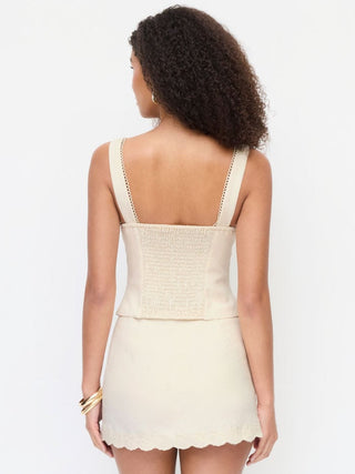 Woven Linen-blend Floral Embroidery Square Neck Top & Mid Rise Mini Skirt Set For Date Vacation