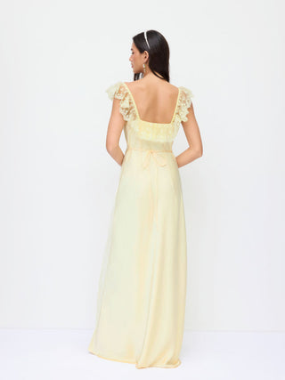 Satin Satin Square Neck Lace Ruffled Split Slip Maxi Dress For Date Party/Clubbing