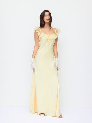 Satin Satin Square Neck Lace Ruffled Split Slip Maxi Dress For Date Party/Clubbing