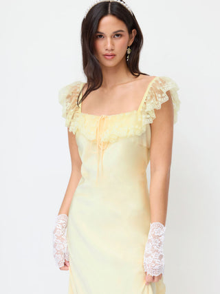 Satin Satin Square Neck Lace Ruffled Split Slip Maxi Dress For Date Party/Clubbing