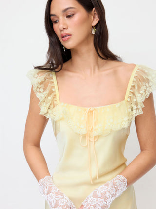Satin Satin Square Neck Lace Ruffled Split Slip Maxi Dress For Date Party/Clubbing