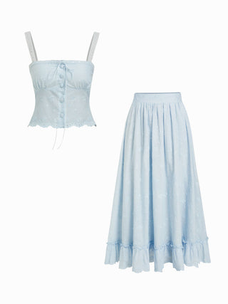 Cotton Cotton-blend Textured Lace Cami Top & Mid Rise Maxi Skirt Set For Daily Casual Vacation