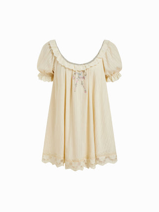 Cotton-blend Floral Graphic Scoop Neck Puff Sleeve Lace Babydoll Mini Dress