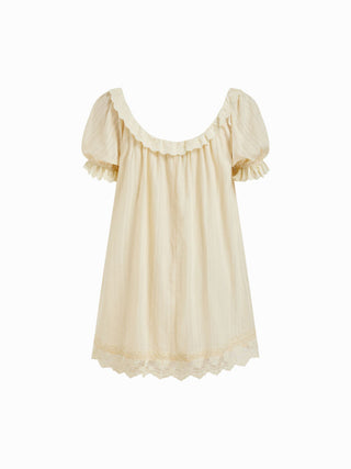 Cotton-blend Floral Graphic Scoop Neck Puff Sleeve Lace Babydoll Mini Dress