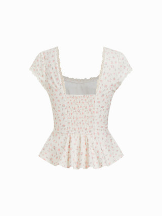Crop Top Summer Tops Summer Tops Cute Tops Cute Summer Top Woven Cotton-blend Floral Square Neck Puff Sleeve Lace Trim Bowknot Peplum Blouse For Daily Casual Picnic