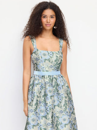 Jacquard Jacquard Sculptural Floral Square Neck Lace Up Flared Midi Dress For Date Wedding