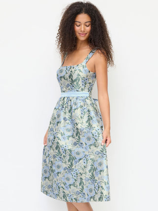 Jacquard Jacquard Sculptural Floral Square Neck Lace Up Flared Midi Dress For Date Wedding