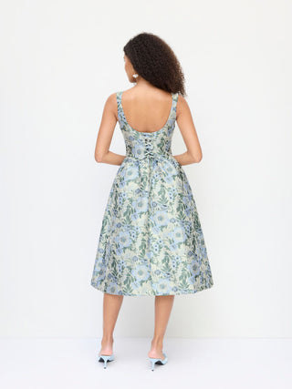 Jacquard Jacquard Sculptural Floral Square Neck Lace Up Flared Midi Dress For Date Wedding