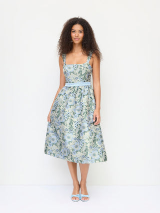 Jacquard Jacquard Sculptural Floral Square Neck Lace Up Flared Midi Dress For Date Wedding