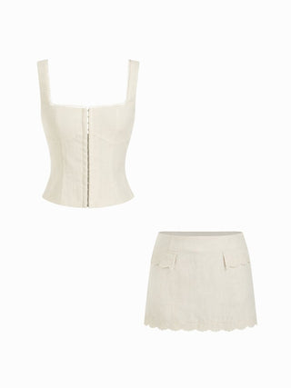 Woven Linen-blend Floral Embroidery Square Neck Top & Mid Rise Mini Skirt Set For Date Vacation