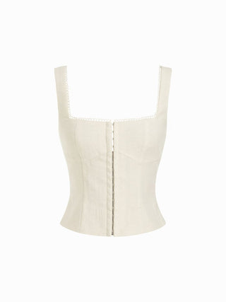 Woven Linen-blend Floral Embroidery Square Neck Top & Mid Rise Mini Skirt Set For Date Vacation