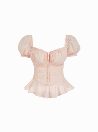 Chiffon Chiffon Sweetheart Puff Sleeve Lace Panel Ruched Peplum Blouse For Daily Casual Date