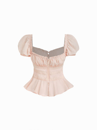 Chiffon Chiffon Sweetheart Puff Sleeve Lace Panel Ruched Peplum Blouse For Daily Casual Date