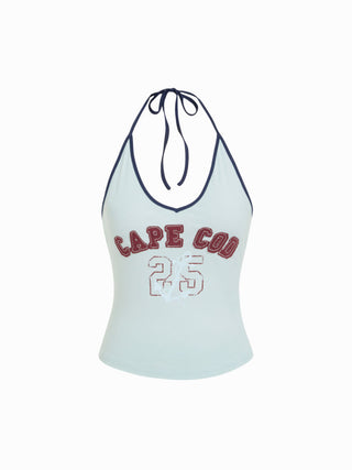 Cape Cod 25 Cotton-blend Graphic V-neck Backless Halter Top