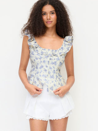 Woven Textured Cotton-blend Floral Scoop Neck Ruffled Tank Blouse For Daily Casual Date