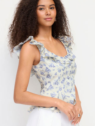 Woven Textured Cotton-blend Floral Scoop Neck Ruffled Tank Blouse For Daily Casual Date
