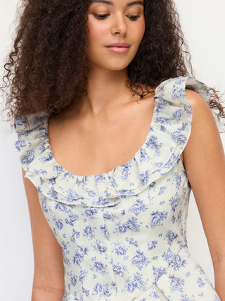 Woven Textured Cotton-blend Floral Scoop Neck Ruffled Tank Blouse For Daily Casual Date