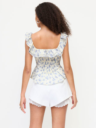 Woven Textured Cotton-blend Floral Scoop Neck Ruffled Tank Blouse For Daily Casual Date