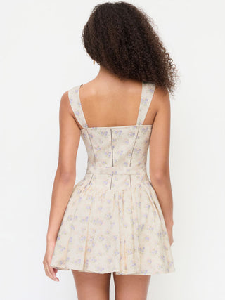 corset Cotton Cotton-blend Floral Square Neck Pleated Flared Mini Dress For Daily Casual Picnic