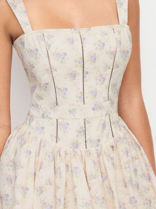 corset Cotton Cotton-blend Floral Square Neck Pleated Flared Mini Dress For Daily Casual Picnic