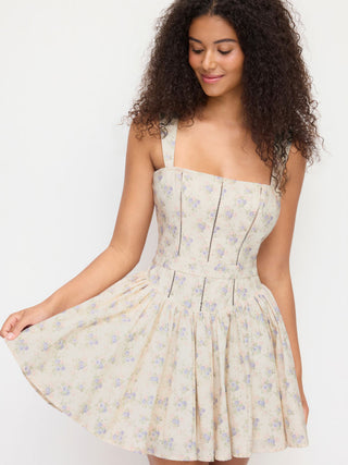 corset Cotton Cotton-blend Floral Square Neck Pleated Flared Mini Dress For Daily Casual Picnic