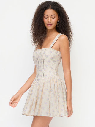 corset Cotton Cotton-blend Floral Square Neck Pleated Flared Mini Dress For Daily Casual Picnic
