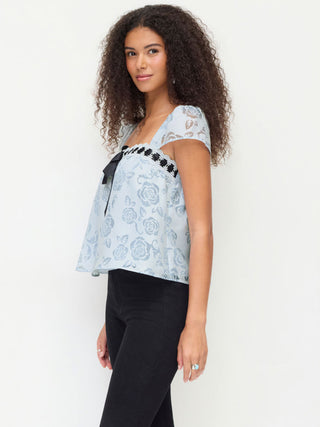 Woven Textured Floral Square Neck Puff Sleeve Bowknot Lace Trim Blouse For Daily Casual Date