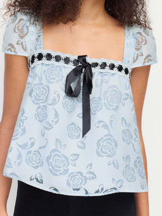 Woven Textured Floral Square Neck Puff Sleeve Bowknot Lace Trim Blouse For Daily Casual Date