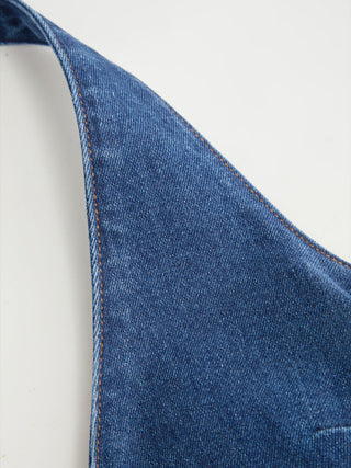 Stretch Denim Halter Neckline Washed A-line Maxi Dress