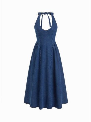 Stretch Denim Halter Neckline Washed A-line Maxi Dress